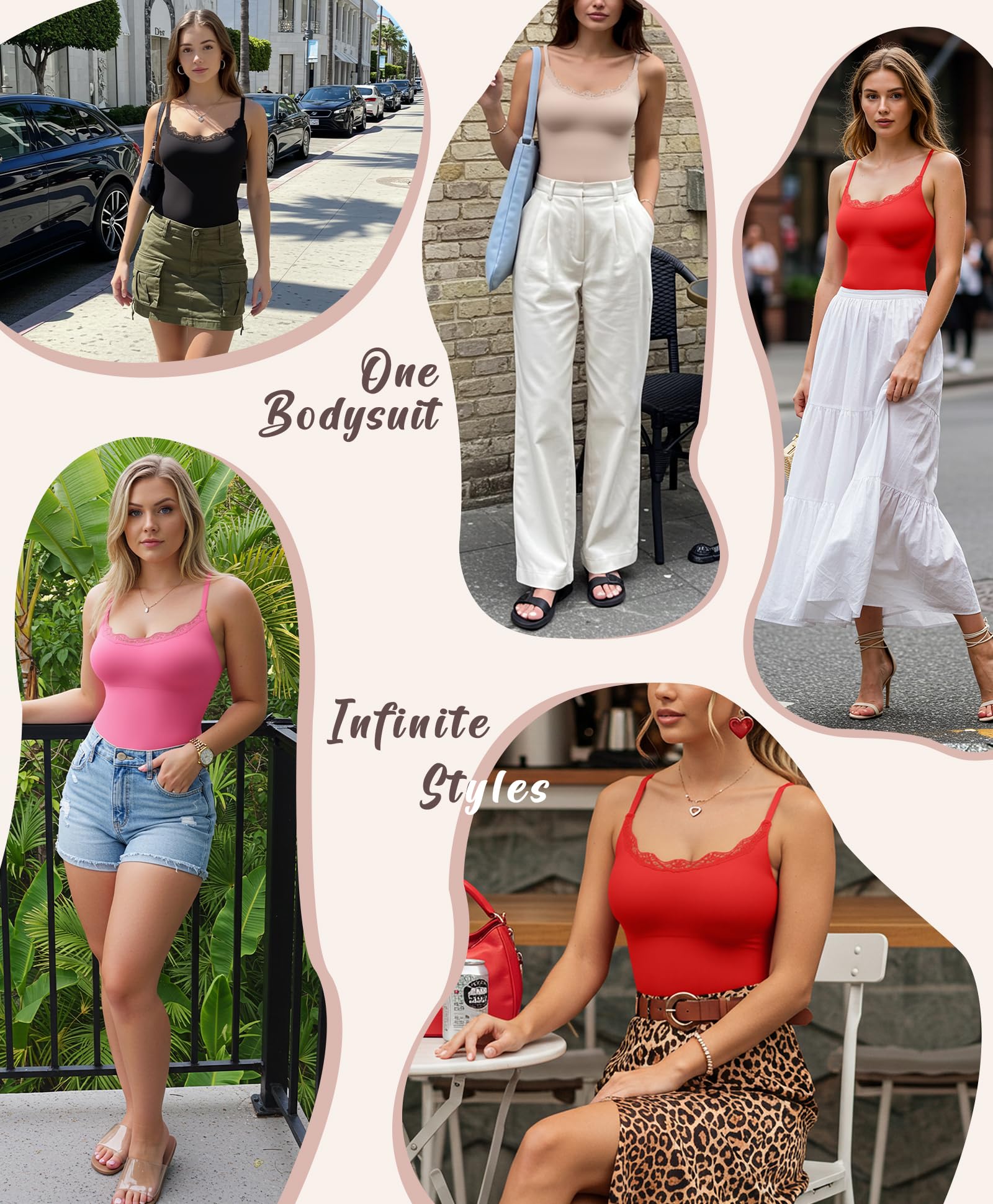 FeelinGirl Lace Bodysuits for Women Shapewear Tummy Control Thong Cami Bodysuit Tops with Adjustable Spaghetti Straps - Image 5