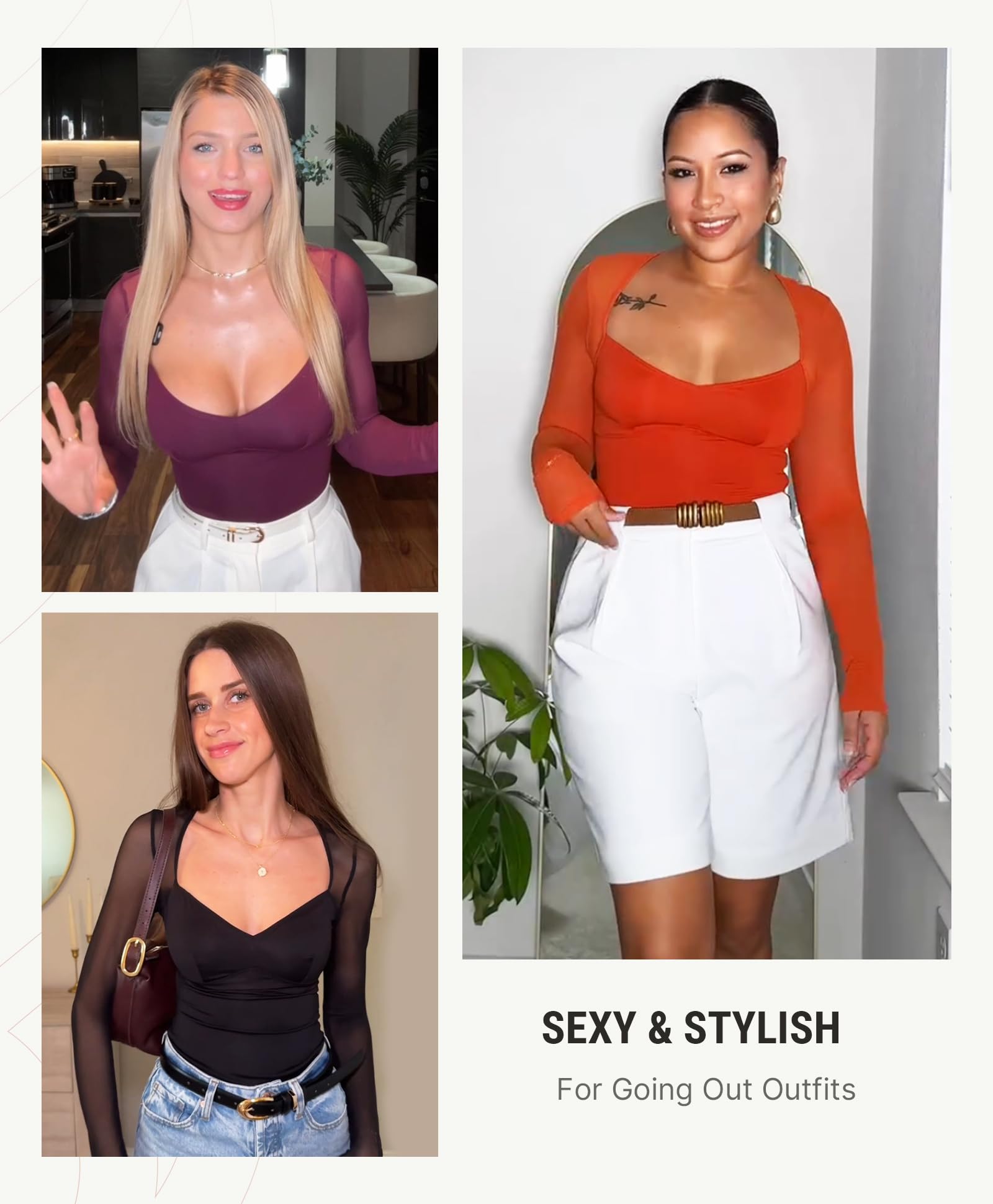 FeelinGirl Long Sleeve Bodysuit for Women Sexy Mesh V Neck Body Suits Thong Corset Top Going Out Outfits for Party - Image 3