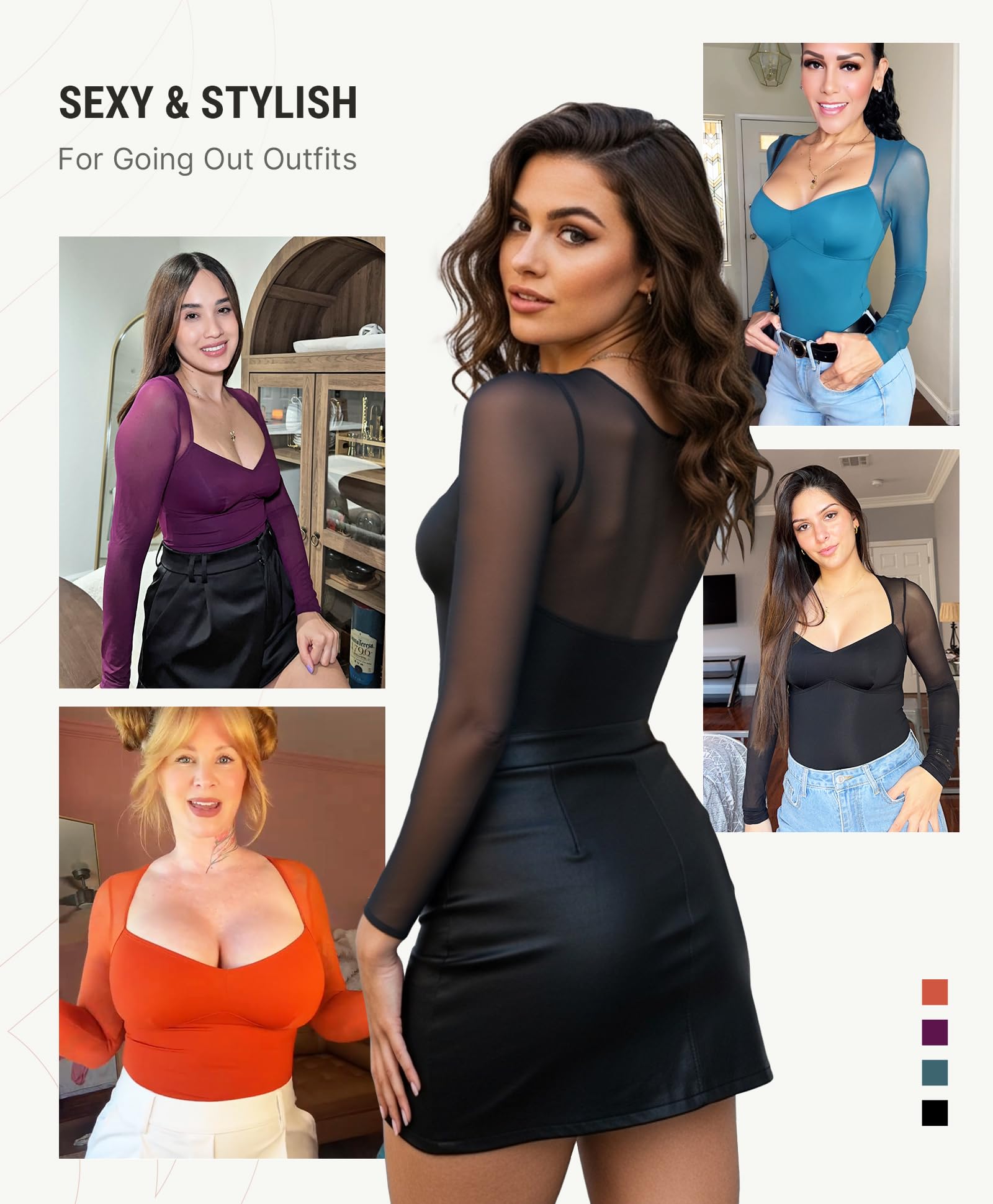 FeelinGirl Long Sleeve Bodysuit for Women Sexy Mesh V Neck Body Suits Thong Corset Top Going Out Outfits for Party - Image 4