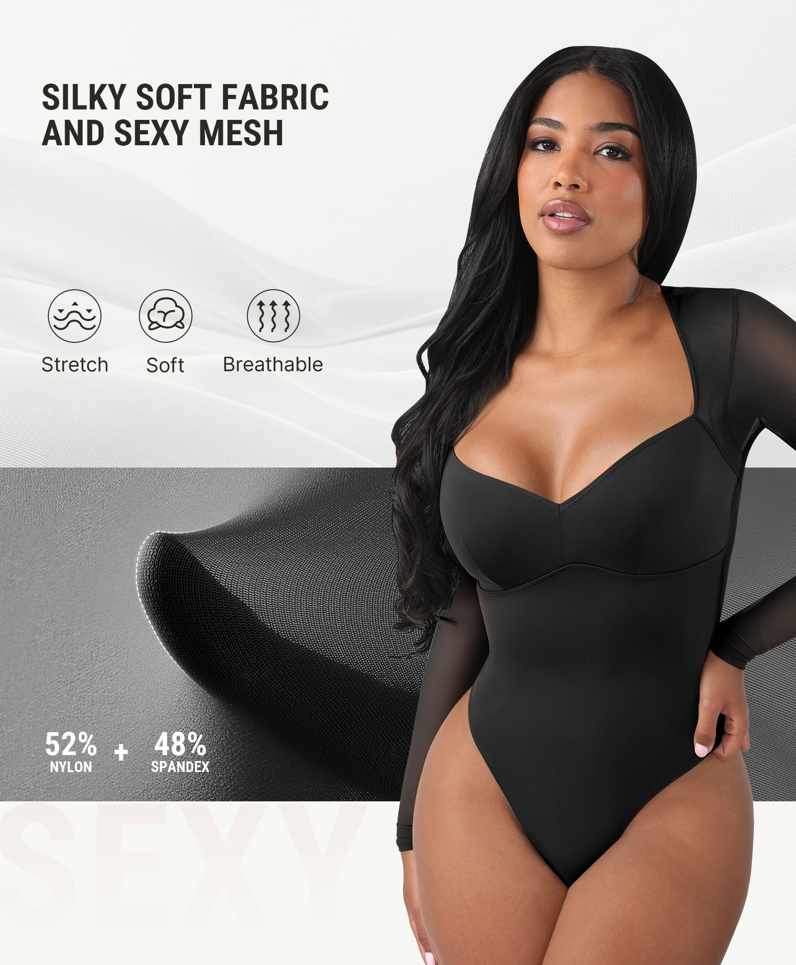 FeelinGirl Long Sleeve Bodysuit for Women Sexy Mesh V Neck Body Suits Thong Corset Top Going Out Outfits for Party - Image 5