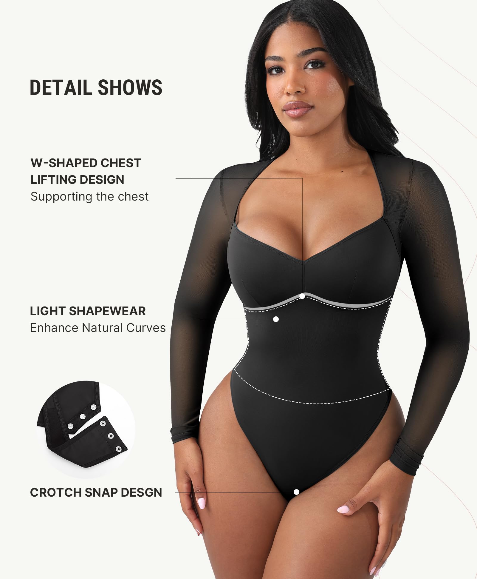 FeelinGirl Long Sleeve Bodysuit for Women Sexy Mesh V Neck Body Suits Thong Corset Top Going Out Outfits for Party - Image 6