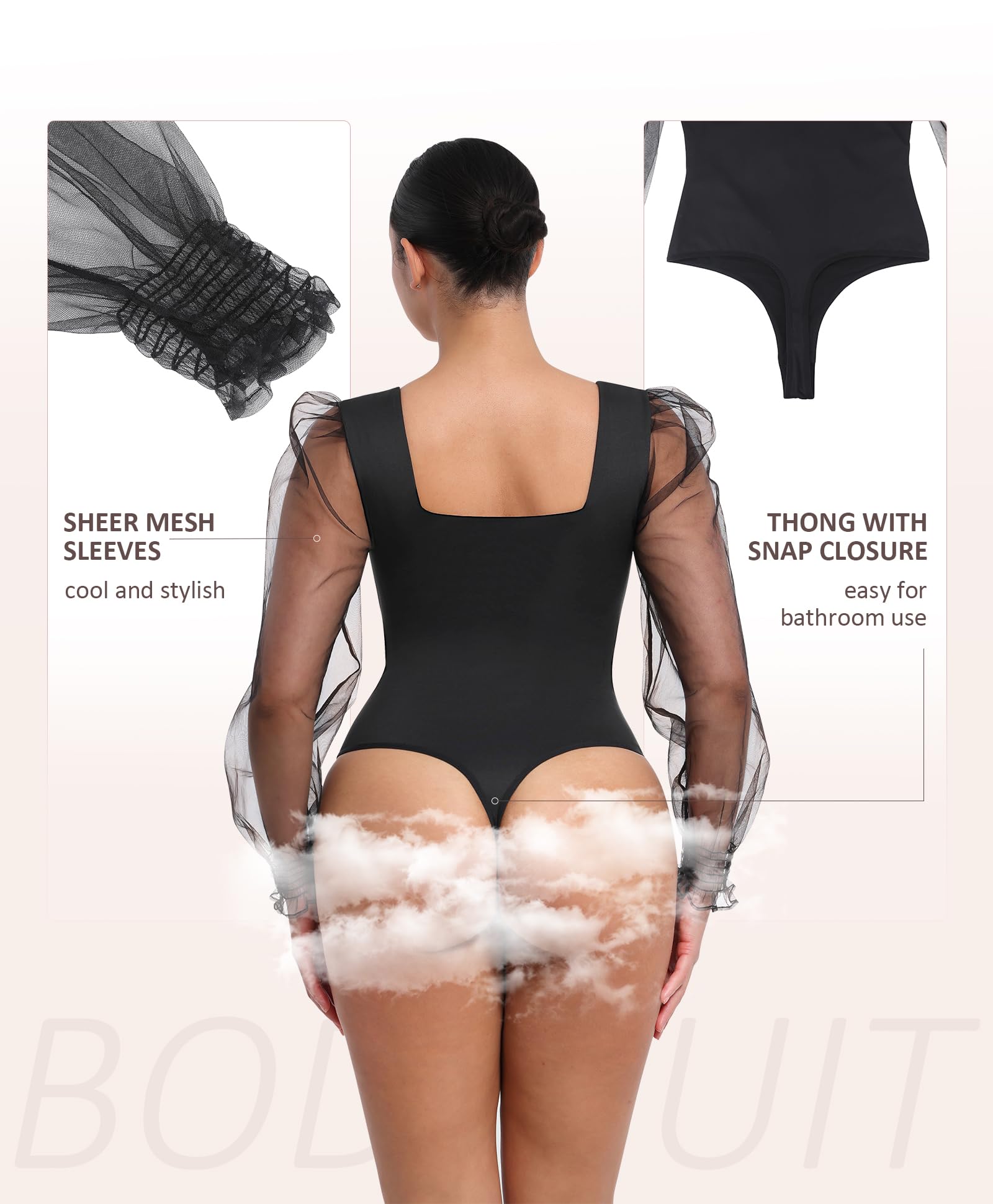 FeelinGirl Long Sleeve Bodysuit Square Neck Shapewear Body Suits Tummy Control Mesh Long Sleeve Bodysuit Going Out Tops - Image 3