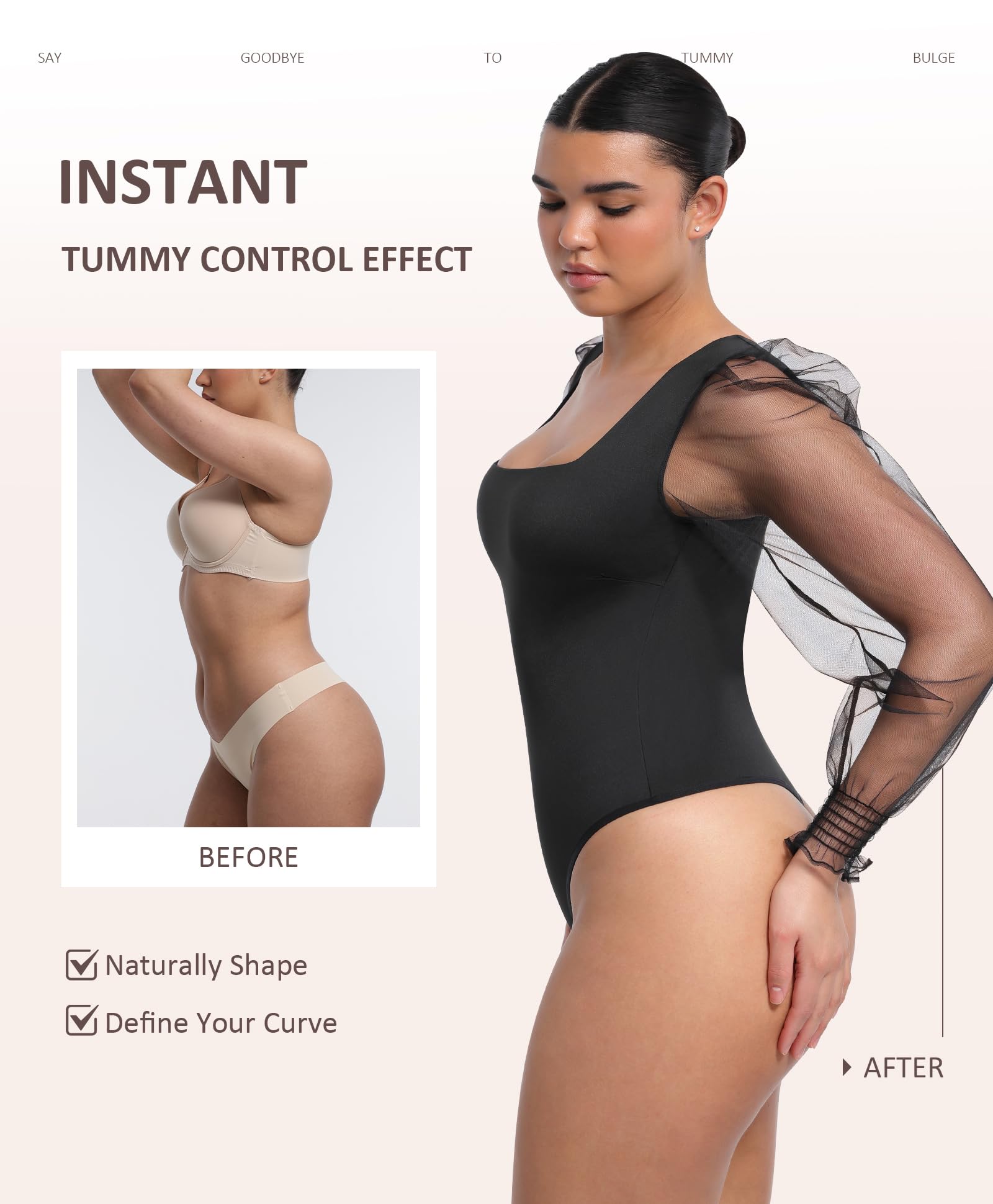 FeelinGirl Long Sleeve Bodysuit Square Neck Shapewear Body Suits Tummy Control Mesh Long Sleeve Bodysuit Going Out Tops - Image 4