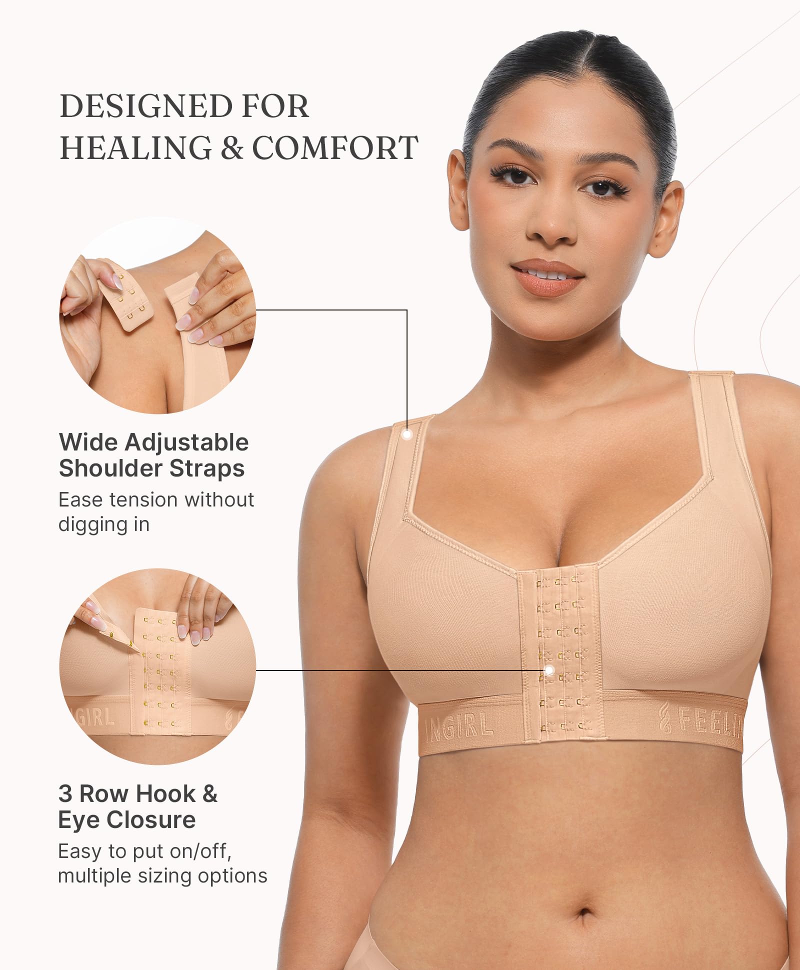 FeelinGirl Post Surgery Bra Front Closure Compression Mastectomy Bra for Women with Wide Adjustable Straps Wirefree Support - Image 3
