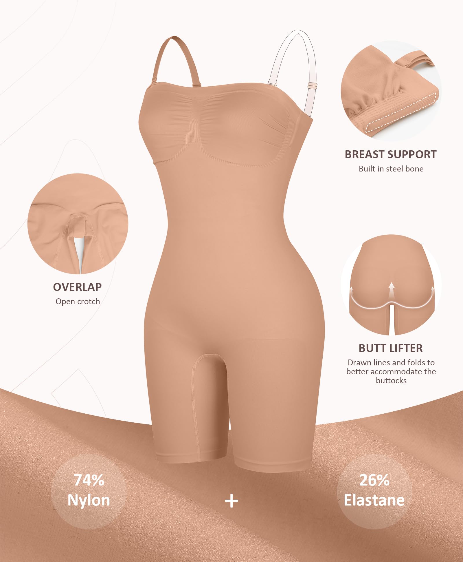 FeelinGirl Strapless Bodysuit for Women Tummy Control Shapewear Wedding Dress Body Shaper with Removable Straps - Image 5