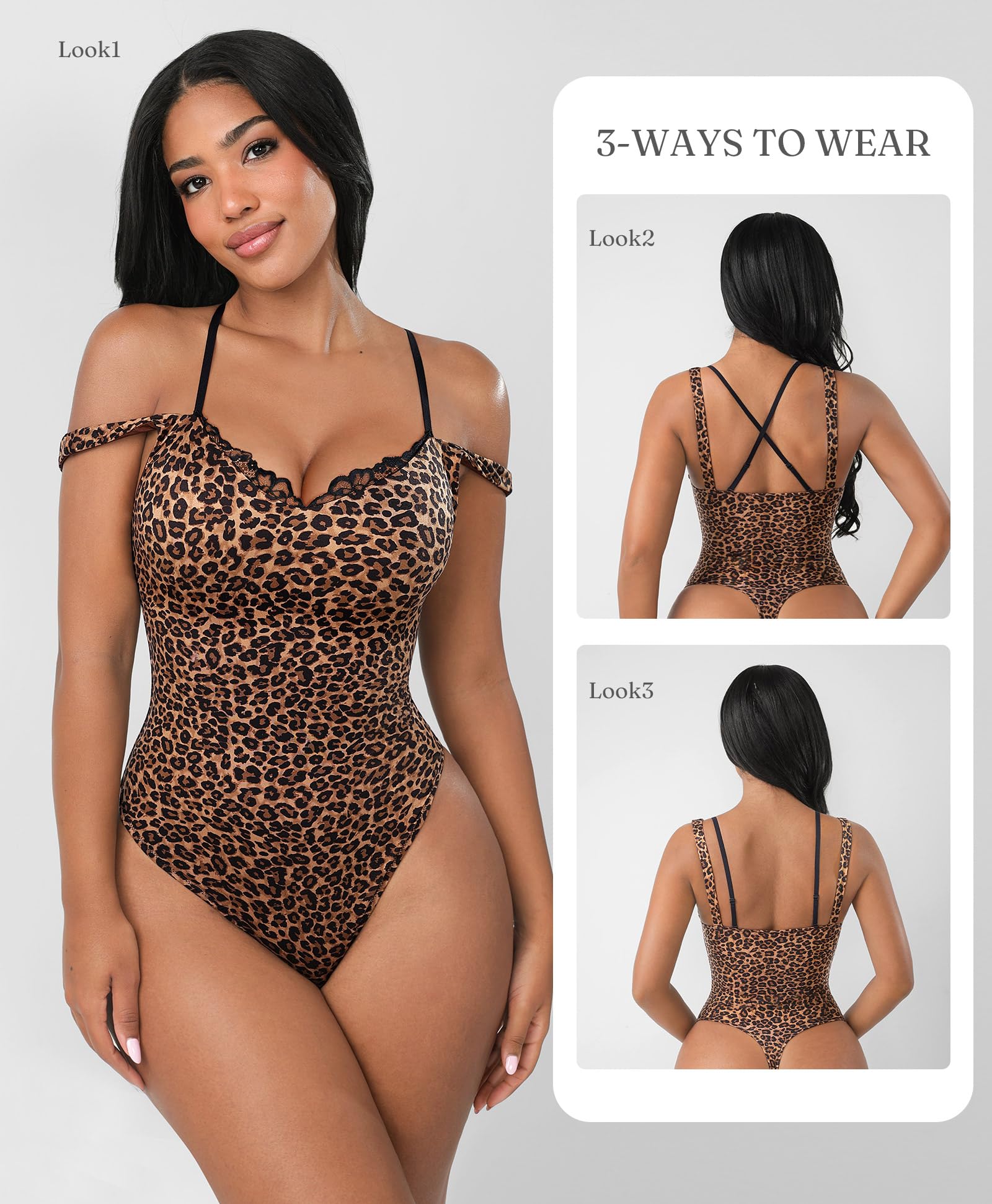 FeelinGirl V Neck Shapewear Bodysuits for Women Sleeveless Lace Body Shaper Tummy Control Thong Bodysuits for Women Leopard - Image 3