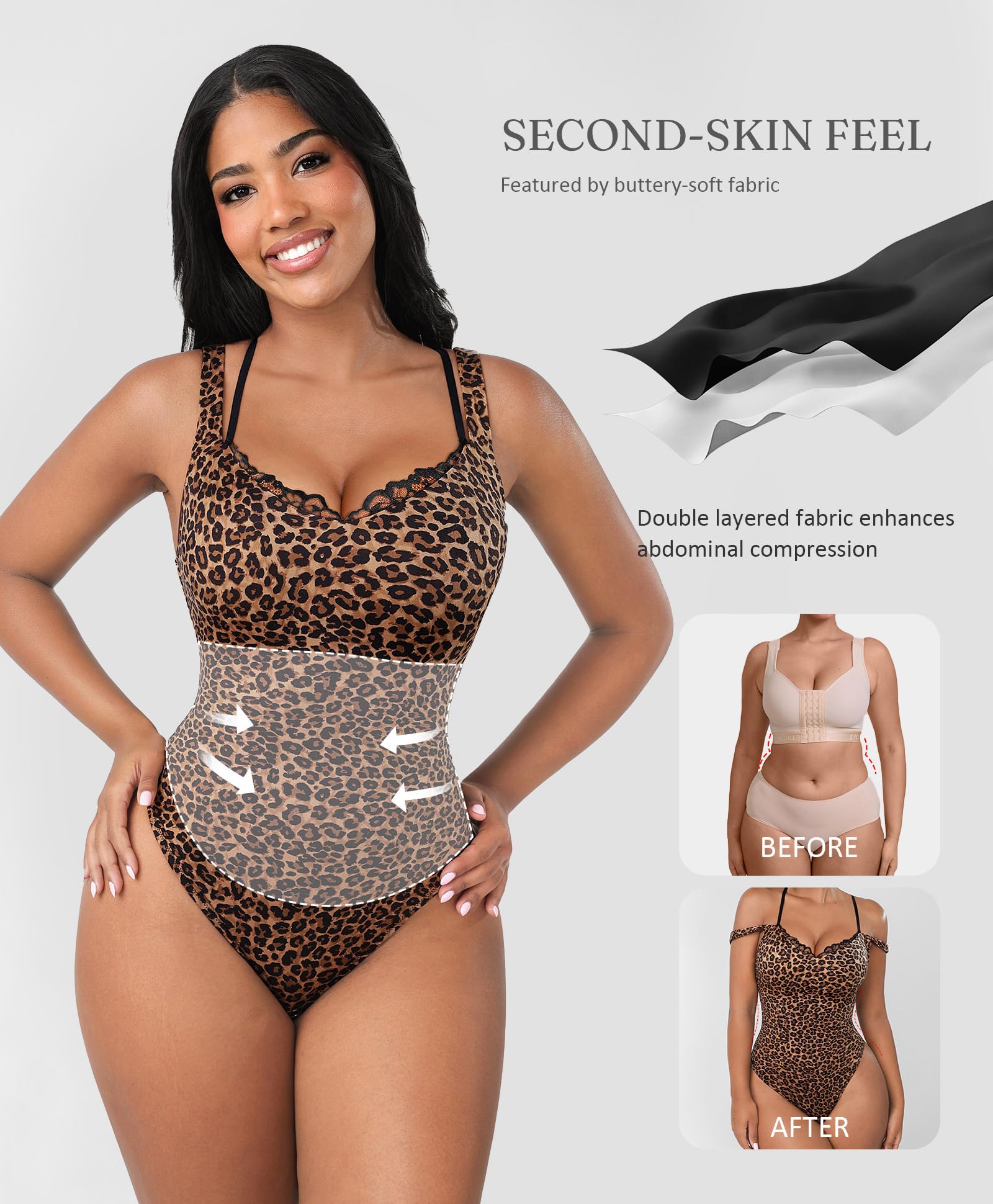 FeelinGirl V Neck Shapewear Bodysuits for Women Sleeveless Lace Body Shaper Tummy Control Thong Bodysuits for Women Leopard - Image 4