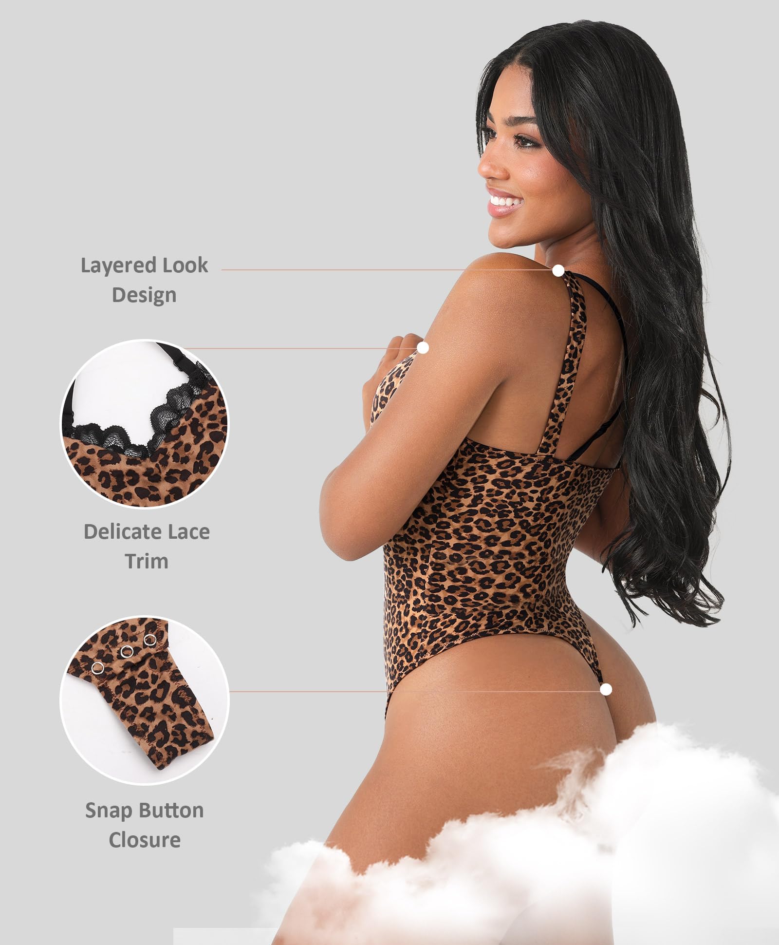 FeelinGirl V Neck Shapewear Bodysuits for Women Sleeveless Lace Body Shaper Tummy Control Thong Bodysuits for Women Leopard - Image 5