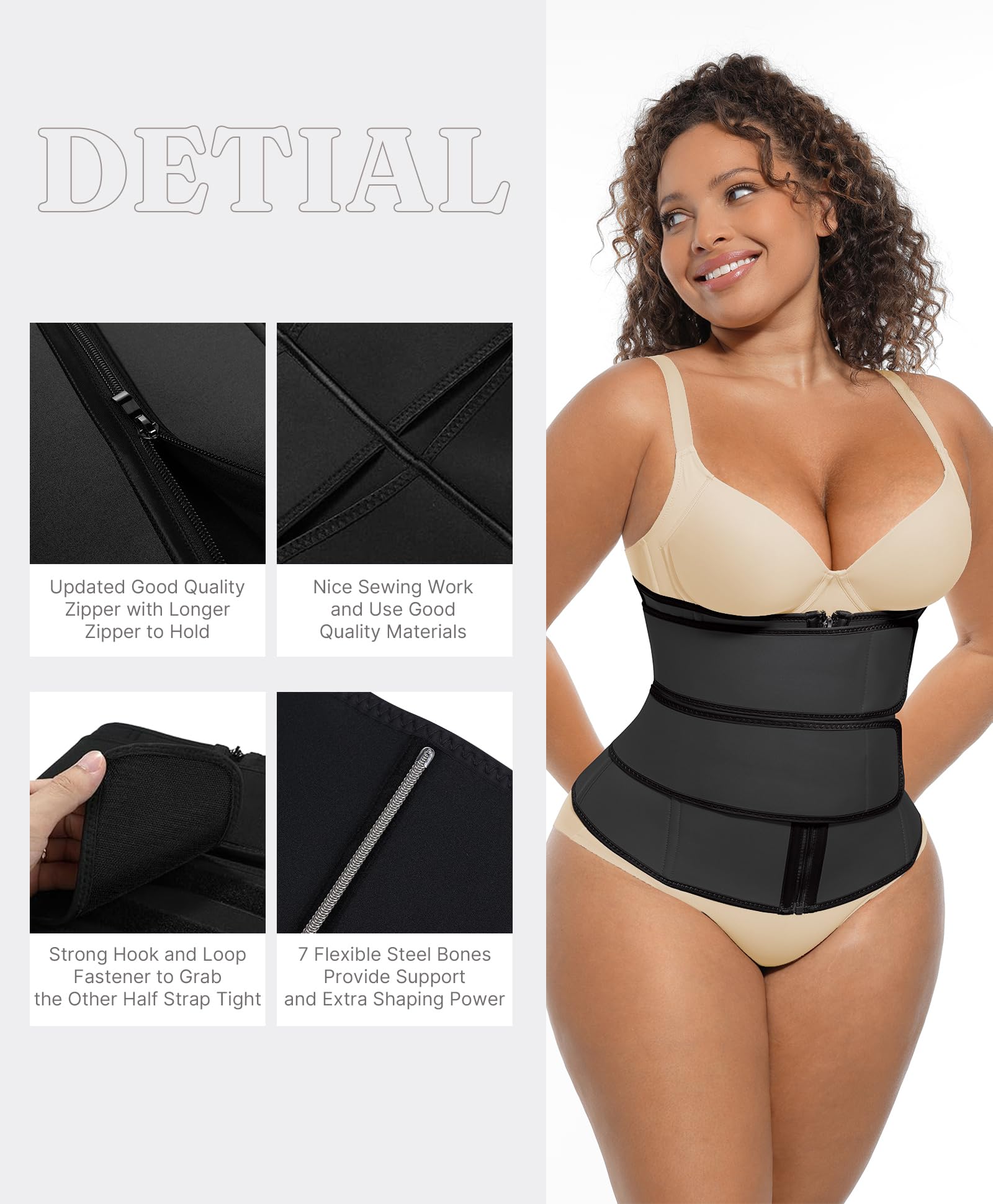 FeelinGirl Waist Trainer for Women Belly Fat Long Torso Sauna Workout 2 Belt With Zipper 7 Steel Bones Corset - Image 5