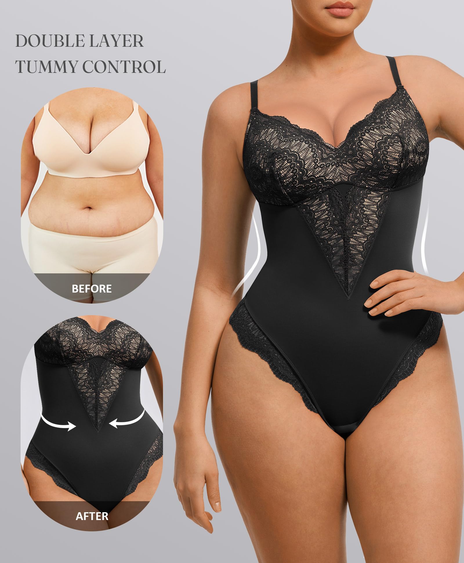 FeelinGirl Womens Body Suits Shapewear Tummy Control Backless Thong Body Shaper V Neck Compression Lace Bodysuit Tops - Image 3