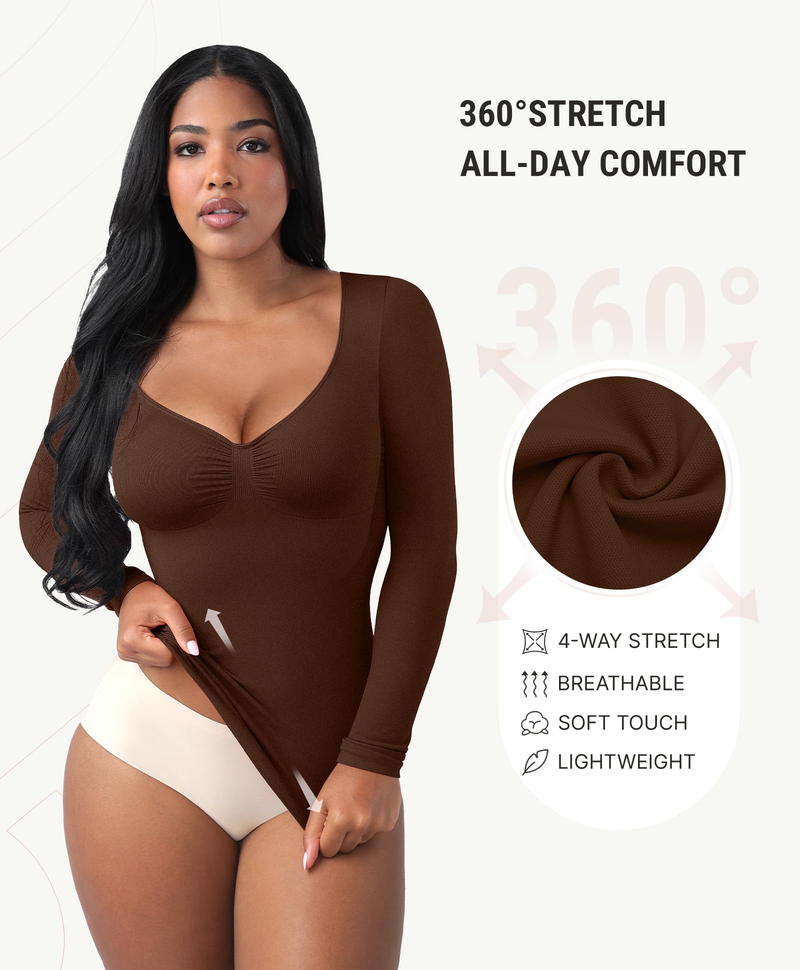 FeelinGirl Womens Shapewear Tummy Control Tops: Long Sleeve Compression Shirts for Women Slimming Body Shaper V Neck Shirt - Image 6