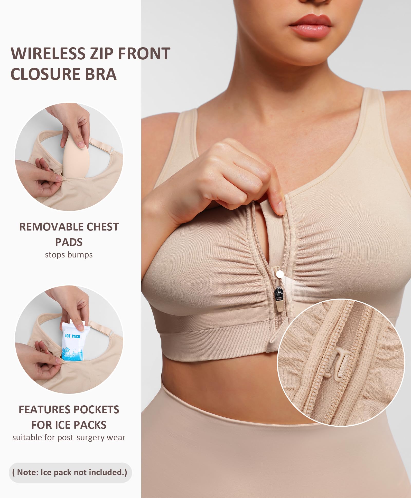 FeelinGirl Zip Front Closure Bras for Women No Underwire Compression Post Surgery Bra with Wide Adjustable Straps - Image 3